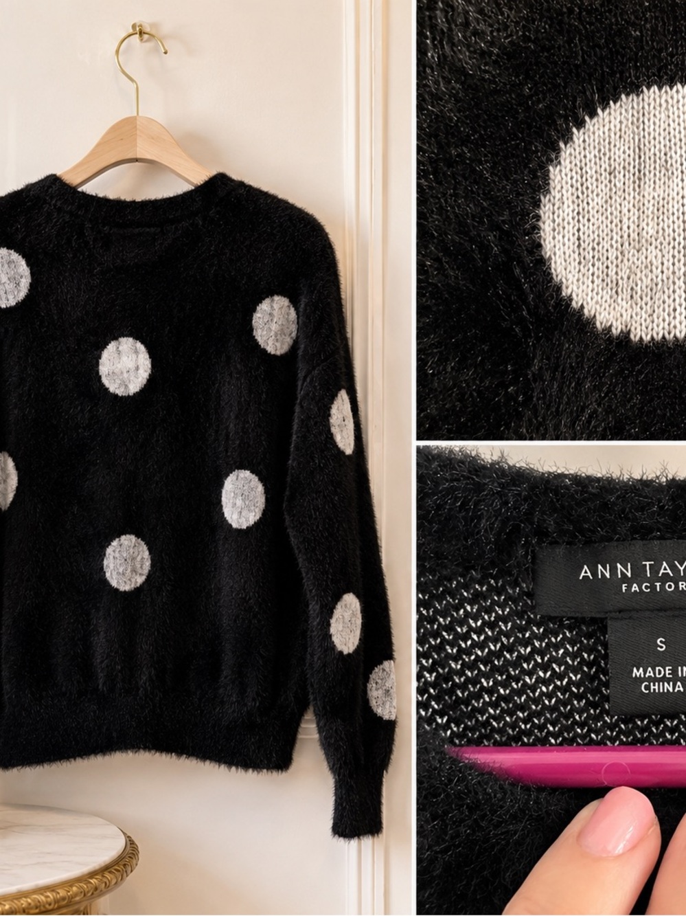 Black Polka Dot Cozy Ann Taylor Sweater with white Dots - Picture 3 of 3